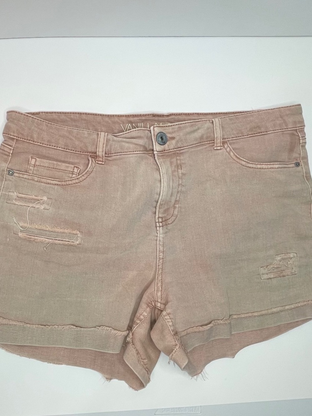 VANILLA STAR SIZE 15 DUSKY PINK STRETCH DENIM SHORTS DISTRESSED RAW HEM